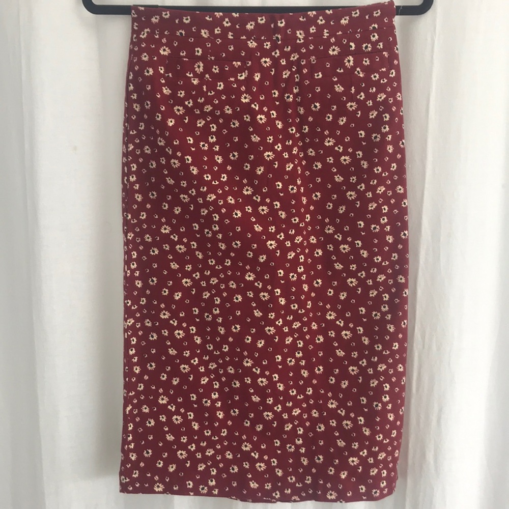 Dark red flowered pencil skirt.